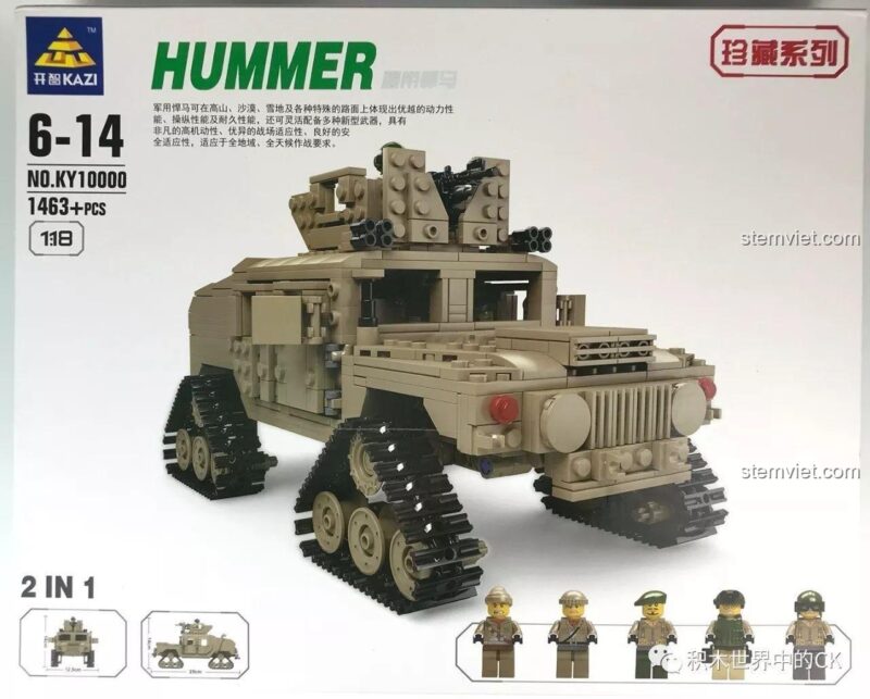 Hộp sản phẩm bộ đồ chơi lắp ráp xe Hummer bánh xích KAZI KY10000, 2 trong 1, 1463 mảnh, tỉ lệ 1:18.