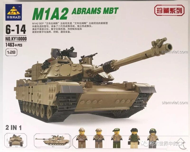 Hộp sản phẩm bộ đồ chơi lắp ráp xe tăng KAZI KY10000 M1A2 Abrams MBT, 2 trong 1, 1463 mảnh, tỉ lệ 1:28.