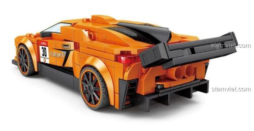 Mặt sau của đồ chơi mô hình KAZI 6118 Xe đua Lamborghini màu cam, nổi bật với cánh gió lớn và ống xả kép, giá tốt.