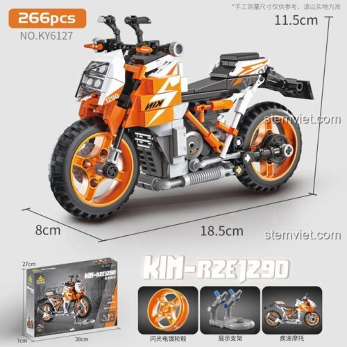 KAZI KY6127 bộ xếp hình Xe mô tô KIM R2R 1290 với kích thước chi tiết, hộp sản phẩm và các tính năng nổi bật, đồ chơi cho bé trai.