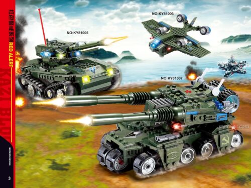 Bộ xếp hình KAZI KY81007 Xe Tăng Khải Huyền trong bối cảnh chiến đấu hoành tráng, một món quà tuyệt vời cho bé trai mê game Red Alert.