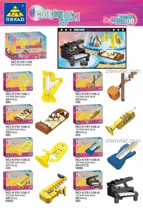 Bộ lắp ghép nhạc cụ KAZI KY81108 Cool Play Girl với 8 mẫu lắp ráp khác nhau, đồ chơi giáo dục cho bé gái 6 tuổi.