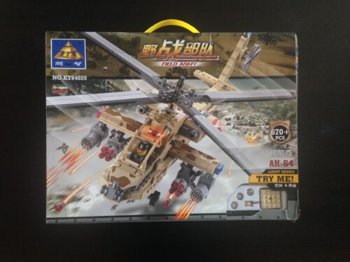 Hộp sản phẩm bộ lắp ráp Trực thăng tấn công AH-64 Apache KAZI KY84020, món quà giá rẻ cho bé trai 6 tuổi.