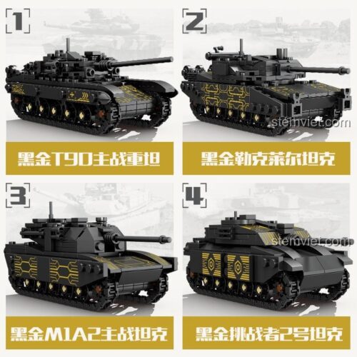 Các mẫu xe tăng chiến đấu trong bộ xếp hình KAZI 84156: T-90, Leclerc, M1A2, Challenger 2. Lựa chọn giá tốt cho bé trai.