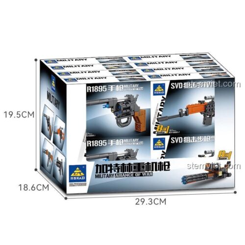 Hộp bộ đồ chơi KAZI KY88005 Súng máy Gatling, thể hiện kích thước hộp 29.3x18.6x19.5cm, giá tốt cho bé trai.