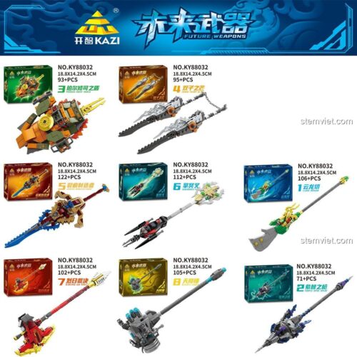 Chi tiết 8 mẫu đồ chơi lắp ráp Vũ Khí Giả Tưởng KAZI 88032, bao gồm Thanh Long Đao, Khiên Perseus, Búa Thiên Vẫn.