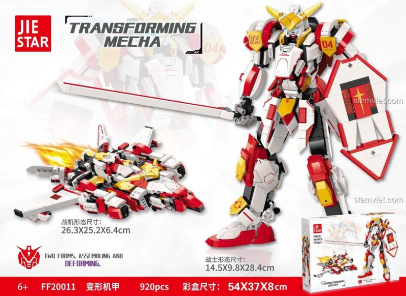 Ảnh chi tiết kích thước của Mô hình Mecha biến hình FF20011 ở cả hai dạng robot và máy bay, một bộ đồ chơi lắp ghép sáng tạo.