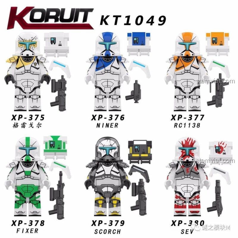 Ảnh chụp chung cả biệt đội 6 minifigure Republic Commando từ set KORUIT KT1049. Một bộ sưu tập không thể bỏ lỡ cho fan Star Wars.