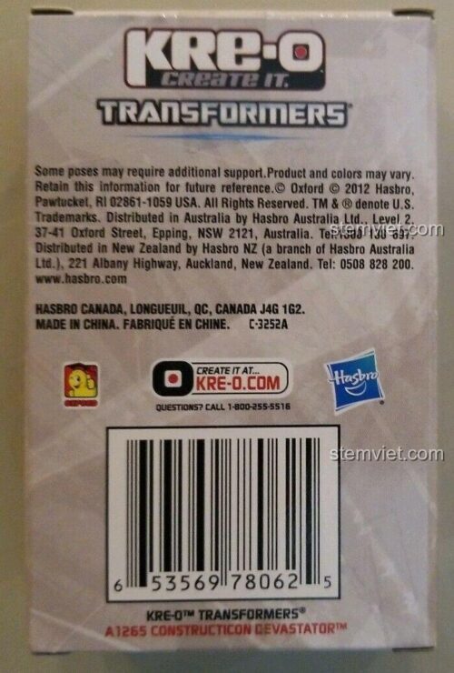 Mặt sau hộp đồ chơi mô hình Kre-O A1265 Constructicon Devastator, thông tin sản phẩm xuất xứ Trung Quốc, tương thích LEGO®.
