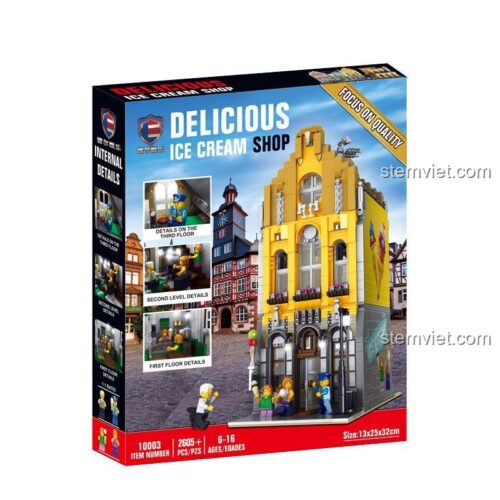 Hộp sản phẩm đồ chơi xây dựng Leier 10003 Cửa Hàng Kem, hiển thị số lượng 2605+ chi tiết và độ tuổi khuyến nghị 6-16. Món quà giá tốt cho các bé.