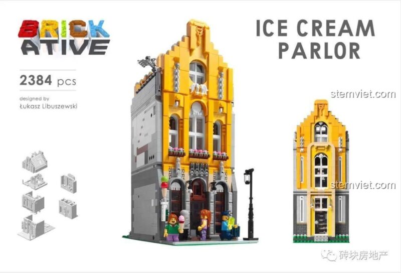 Thiết kế gốc của Cửa Hàng Kem bởi nhóm BrickAtive với 2384 chi tiết. Bộ lắp ráp Leier 10003 tái hiện lại kiệt tác này.