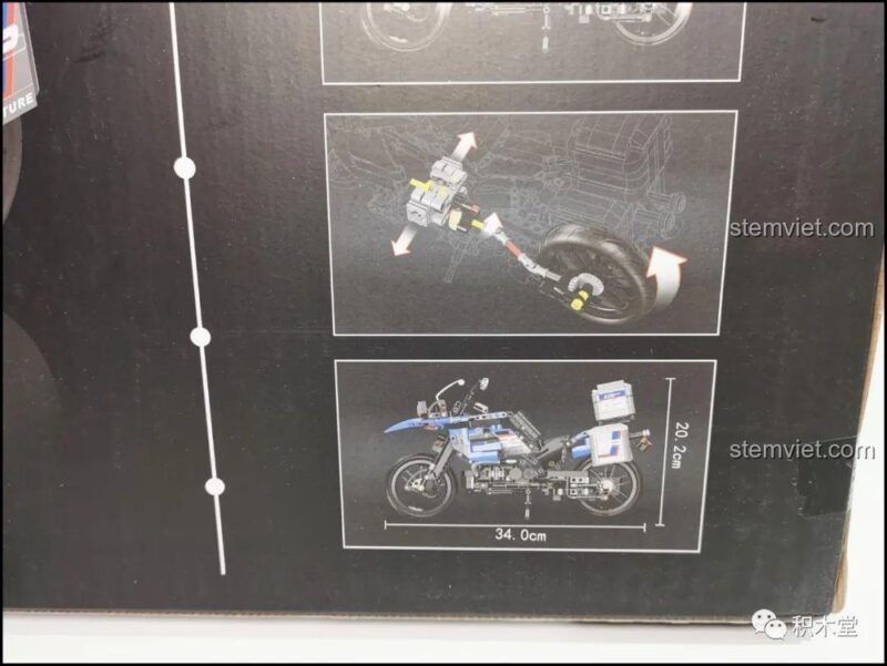 Hộp bộ lắp ghép Mô tô tuần tra BMW R1200GS Rallye Leier 50008 hiển thị kích thước mô hình 34.0cm x 20.2cm, giúp hình dung rõ hơn, đáng tiền.
