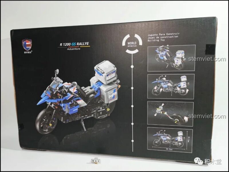 Mặt sau hộp đồ chơi lắp ráp Xe cảnh sát BMW R1200GS Leier, thể hiện các tính năng nổi bật, phù hợp bé trai 8 tuổi, giá hời.