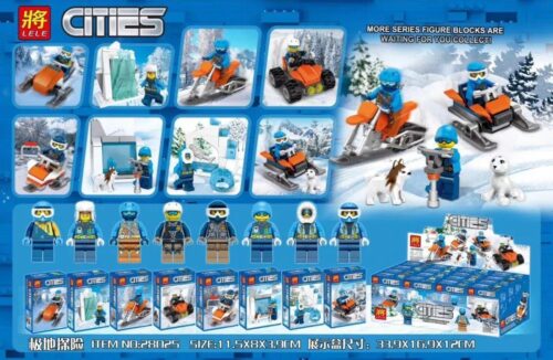 Bộ lắp ráp LELE 28025 chủ đề thám hiểm Bắc Cực cho con trai 6 tuổi. Set đồ chơi gồm 8 hộp nhỏ với các phương tiện và nhà khoa học vùng cực, giá rẻ.