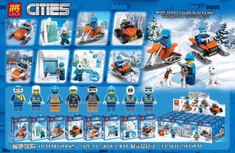 Bộ lắp ráp LELE 28025 chủ đề thám hiểm Bắc Cực cho con trai 6 tuổi. Set đồ chơi gồm 8 hộp nhỏ với các phương tiện và nhà khoa học vùng cực, giá rẻ.
