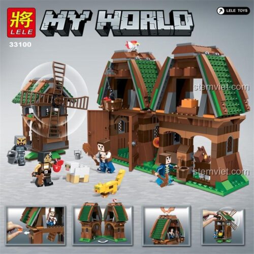 Ảnh quảng cáo bộ lắp ghép LELE 33100 chủ đề Minecraft Nông trại bội thu, gồm 671 chi tiết.