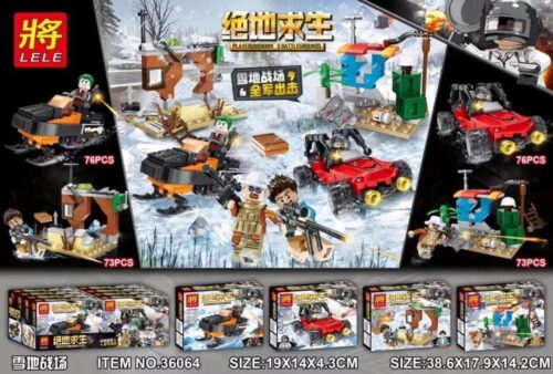Bộ lắp ráp Chiến trường tuyết PUBG LELE 36064 giá rẻ cho bé trai 6 tuổi. Gồm 4 mô hình xe trượt tuyết, xe buggy và công sự.
