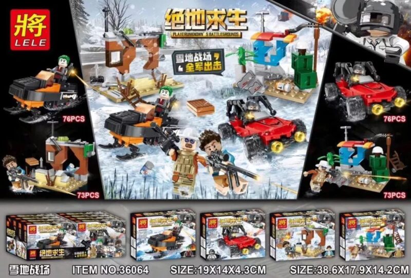 Bộ lắp ráp Chiến trường tuyết PUBG LELE 36064 giá rẻ cho bé trai 6 tuổi. Gồm 4 mô hình xe trượt tuyết, xe buggy và công sự.
