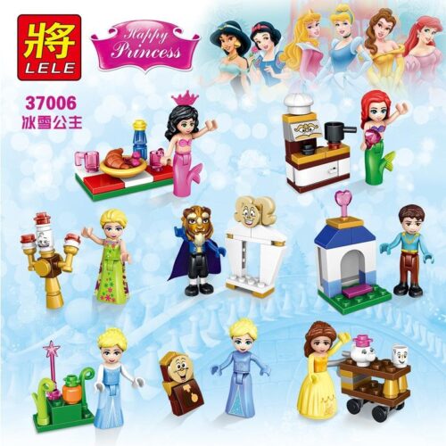 Bộ đồ chơi Công chúa Disney LELE 37006, bao gồm 8 minifigures và các mô hình nhỏ từ các câu chuyện cổ tích nổi tiếng như Người Đẹp và Quái Vật, Nàng Tiên Cá, Nữ Hoàng Băng Giá. Món quà tuyệt vời cho bé gái 6 tuổi.