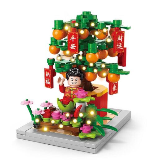 Bộ lắp ghép Cây Quất Đại Cát Đại Lợi LELE BROTHER 8937-5 với minifigure bé trai mặc áo dài Tết, có đèn LED lung linh, món đồ chơi mô hình giá tốt cho bé 6 tuổi.