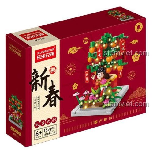Hộp bộ xếp hình Cây Quất May Mắn LELE BROTHER 8937-5, thể hiện rõ số chi tiết 163 mảnh, phù hợp làm quà tặng tiết kiệm cho bé trai, bé gái 6 tuổi.