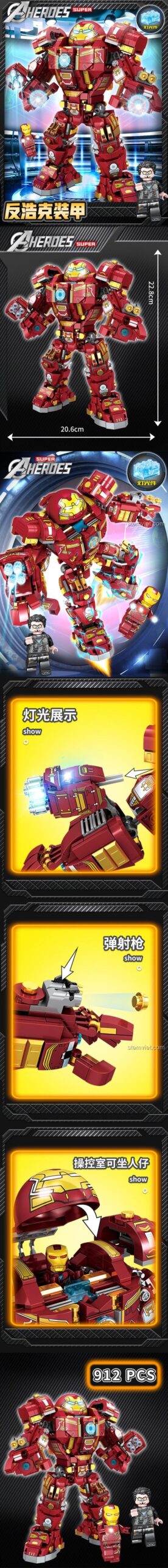 Đồ chơi lắp ráp Thiết Giáp Chống Hulk Lewan Building Blocks có khớp cử động linh hoạt và đèn LED, mang lại trải nghiệm lắp ráp đỉnh cao.