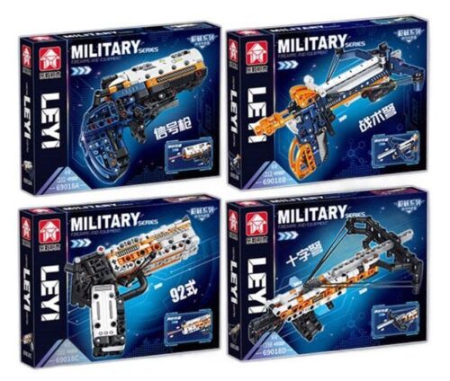 Hộp sản phẩm bộ lắp ráp 4 trong 1 LeYi 69018 súng và nỏ quân sự, đồ chơi mô hình LeYi cho bé trai 6 tuổi giá rẻ.