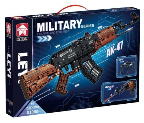 Hộp sản phẩm bộ lắp ghép Súng Trường Tấn Công AK-47 LEYI 81060, một món đồ chơi mô hình giá rẻ cho bé trai 6 tuổi.