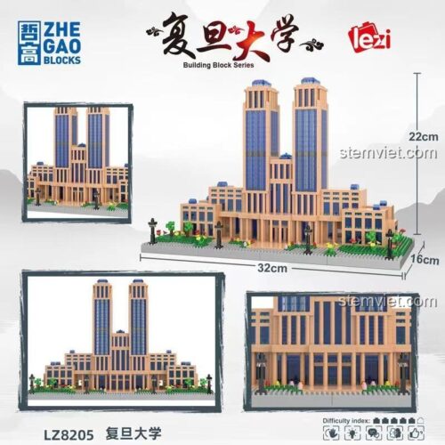 Kích thước hộp và mô hình Lezi LZ8205, bộ xếp hình Tòa nhà Quang Hoa Đại học Phục Đán 3841 mảnh, giúp bé 6 tuổi phát triển trí tuệ.