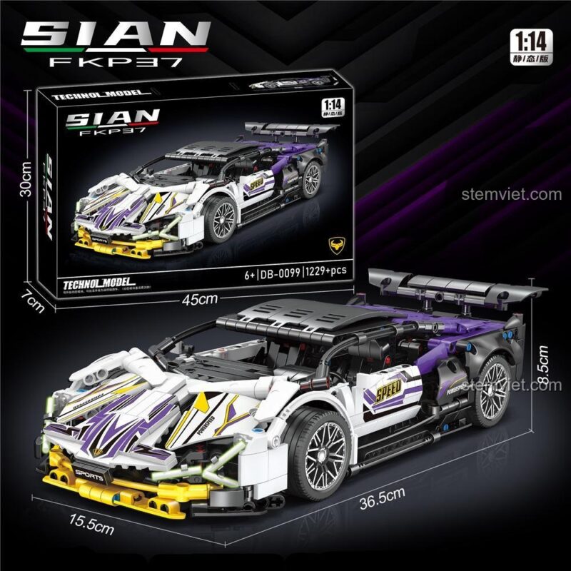 Đồ chơi xây dựng Siêu xe Lamborghini Sián FKP 37 B Brand DB0099, mô hình xe thể thao tỉ lệ 1:14, thể hiện kích thước 36.5x15.5x8.5 cm, phù hợp bé trai 6 tuổi.
