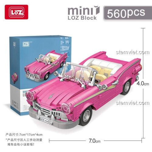 Đồ chơi mô hình LOZ 1125 Xe Mui Trần Cổ Điển màu hồng, kích thước 17x7x4cm, bộ xếp hình chất lượng cao cho bé trai 6 tuổi.