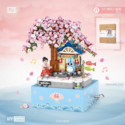 Mô hình hộp nhạc LOZ 1221 với cây hoa anh đào và cô gái Nhật Bản, đồ chơi mô hình phát triển trí tuệ.