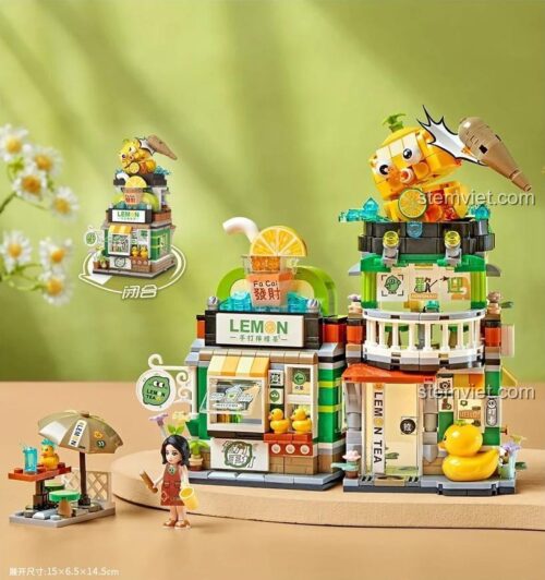 Đồ chơi mô hình LOZ 1294 Cửa hàng trà chanh gấp gọn, thể hiện kích thước 15x6.5x14.5cm, bộ lắp ghép sáng tạo cho bé gái.