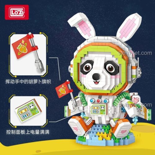 Chi tiết đồ chơi mô hình LOZ 8118 Gấu Trúc phi hành gia, với cờ cà rốt và bảng điều khiển, quà tặng cho con gái.
