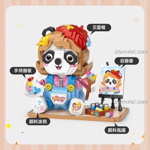 Chi tiết các phụ kiện của bộ lắp ghép Họa sĩ Gấu Trúc LOZ 8119: giá vẽ, bảng màu, cọ vẽ.