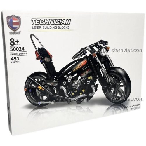 Mặt sau hộp đồ chơi mô hình Xe máy Harley Knuckle Chopper Lucky Star, thể hiện các chi tiết và tính năng của sản phẩm.