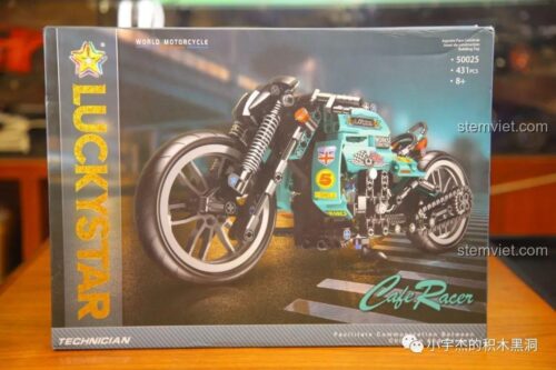 Hình ảnh hộp sản phẩm bộ lắp ráp Lucky Star 50025, hiển thị mô hình xe mô tô Cafe Racer cổ điển và thông tin 431 chi tiết.