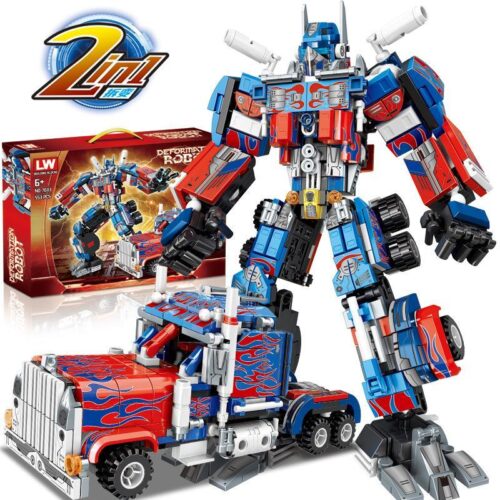 Ảnh bìa bộ lắp ráp LW 7043 Robot biến hình Optimus Prime, hiển thị cả dạng robot và xe tải, phù hợp cho con trai 6 tuổi.