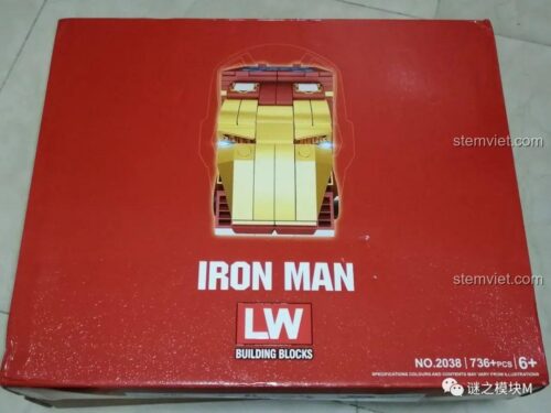 Mặt trên hộp bộ đồ chơi LW Building Blocks 2038 Xe Tải Iron Man Di Động, đồ chơi lắp ráp cho bé trai 6 tuổi