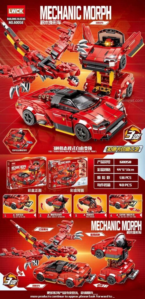 Mô hình xe thể thao biến hình LWCK 60058, robot biến hình từ xe 58, đồ chơi mô hình siêu xe biến hình, rèn luyện tư duy sáng tạo cho bé trai