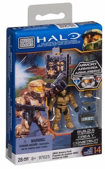 Hộp sản phẩm bộ lắp ghép Gói giáp UNSC Mega Bloks 97023 từ game Halo, đồ chơi sáng tạo cho bé trai 8 tuổi.