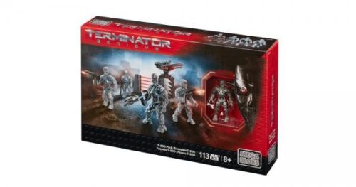 Hộp sản phẩm bộ lắp ghép Mega Bloks CNG02 Kẻ Hủy Diệt T-800 với 5 nhân vật robot và 113 chi tiết, đồ chơi mô hình cho bé trai 8 tuổi.