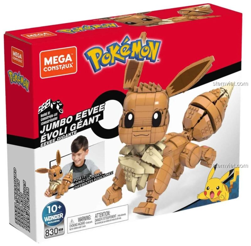 Ảnh thể hiện kích thước mô hình Eevee Mega Bloks GMD34 cao 29.21cm, bộ đồ chơi Eevee kích thước lớn, phù hợp bé trai bé gái 6 tuổi.