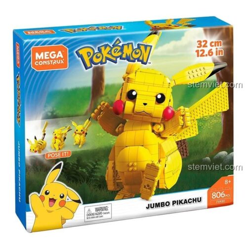 Hộp sản phẩm đồ chơi lắp ráp Mega Construx FVK81 Pikachu Khổng Lồ 802 mảnh, hiển thị kích thước 32cm, phù hợp bé trai bé gái 8 tuổi, đồ chơi mô hình giá tiết kiệm.