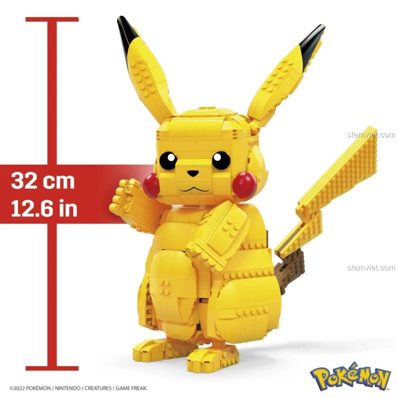 Hộp và mô hình đồ chơi lắp ráp Mega Construx FVK81 Pikachu Khổng Lồ 802 mảnh, thể hiện kích thước 32cm, phù hợp bé trai bé gái 8 tuổi, đồ chơi mô hình giá tiết kiệm.