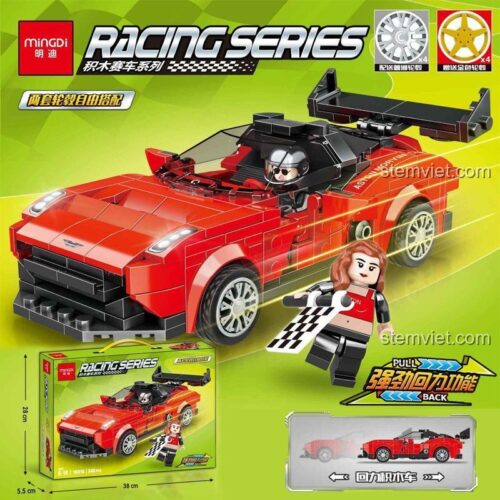 Mô hình đồ chơi lắp ráp Siêu xe đua Ferrari Mingdi 10016 với động cơ kéo lùi, có minifigure nam và nữ cầm cờ, chi tiết sắc nét, phù hợp bé trai 6 tuổi.