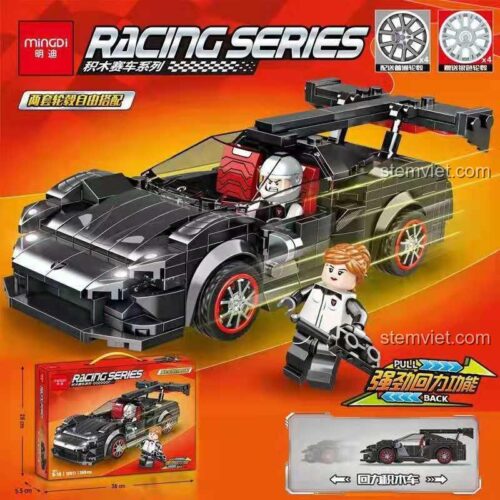 Mô hình xe đua Mustang đen Mingdi 10017 với tính năng động cơ kéo lùi và bánh xe thay đổi, đồ chơi lắp ráp chất lượng cao cho bé trai.