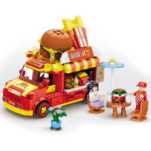 Bộ lắp ghép Mingdi 10105 Xe Tải Thức Ăn Nhanh với 2 minifigure, màu đỏ vàng nổi bật, phù hợp cho bé trai và bé gái 6 tuổi, đồ chơi lắp ráp giá tốt.