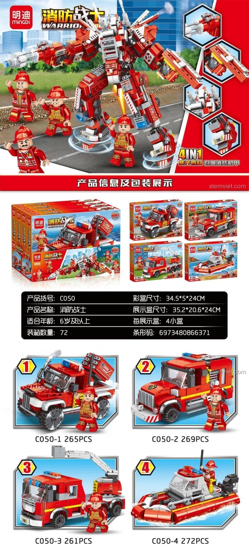 Chi tiết các mẫu xe và robot trong bộ đồ chơi xếp hình MingDi C050 Mecha Cứu Hỏa, phù hợp cho bé trai trên 6 tuổi.