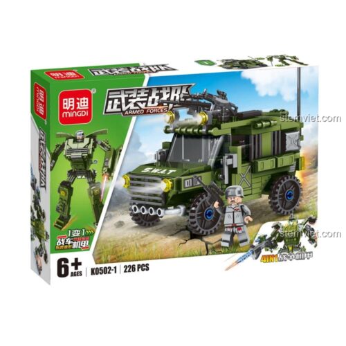 Hộp đồ chơi mô hình Xe Jeep quân sự 0502, một phần của bộ MINGDI K0502, có thể biến hình thành robot.